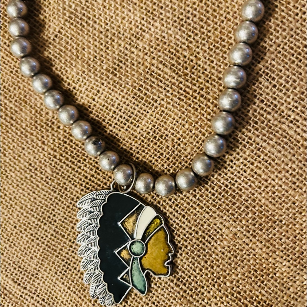 Indian Chief Head Necklace Beaded ball Silver Chain